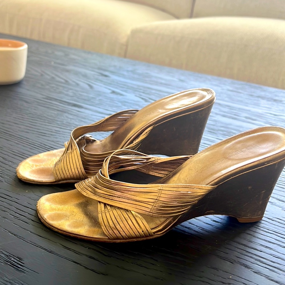 Ellen Tracy gold wedges heels